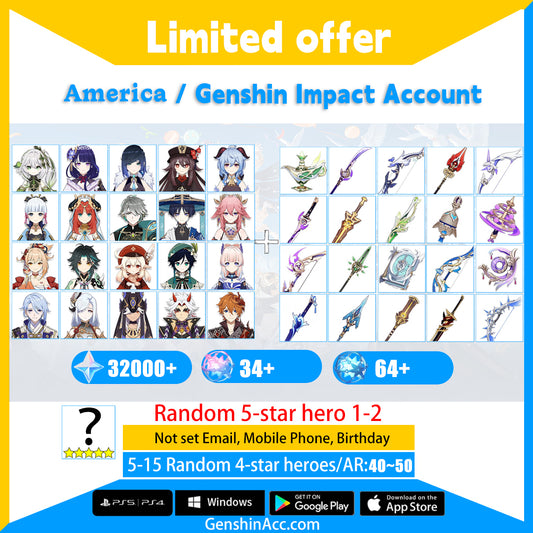 Genshin Impact Starter Account - character + weapon Primogems Reroll Characters 320+Draws (America/NA)