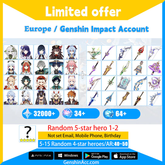 Genshin Impact Starter Account - character + weapon Primogems Reroll Characters 320+Draws (Europe/EU)