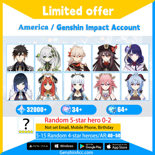 Genshin Impact Starter Account - 2SSR Primogems Reroll Characters 320+Draws (America/NA)